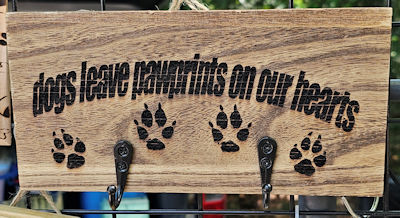 Dog themed etched wood gifts are available at my market booth