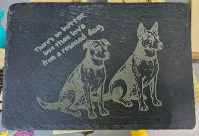 Dog themed etched slate gifts are available at my market booth