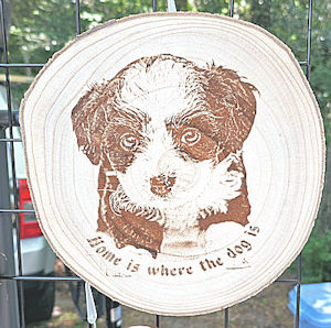 Dog themed etched wood gifts are available at my market booth